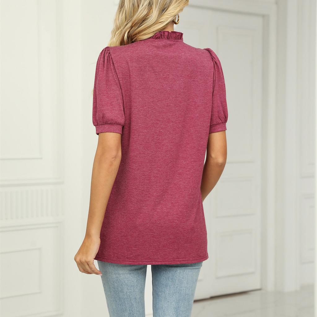 GMXIA Women's Fashion Casual Solid Color Print Short Sleeve V Neck Blouses & Shirts