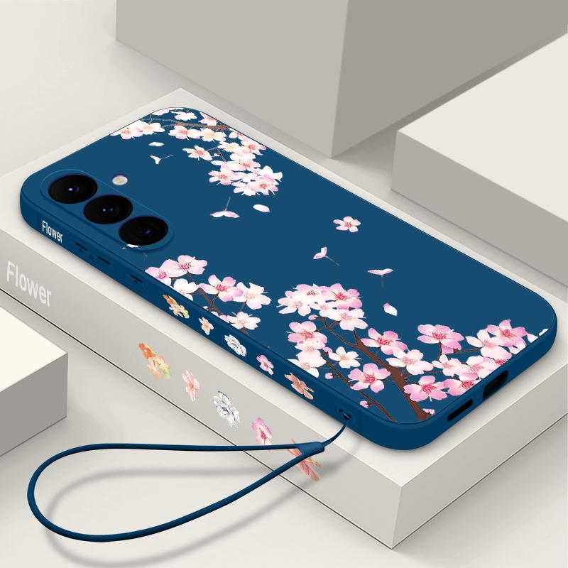 Peach Blossom Patterned Silicone Phone Case For Samsung Galaxy A17 A56 A36 A55 A16 A15 5G A35 A54 A26 A14 Soft TPU Lanyard Cover
