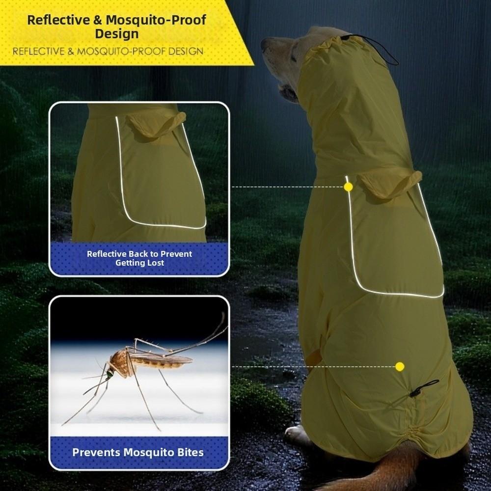 Reflective Dog Raincoat Waterproof Reflective Stripe Dog Rain Jacket with Leash Hole High Collar Dog Hooded Raincoat