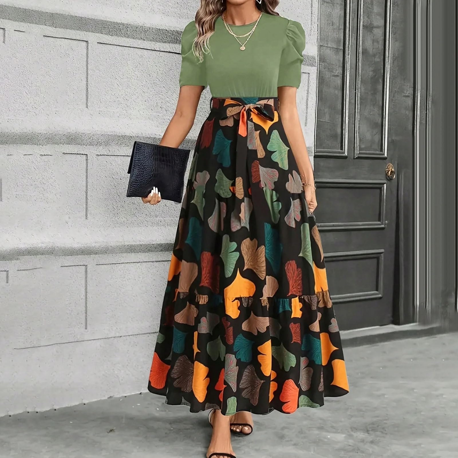 Women s Fashionable Casual Short-Sleeve Dress With Leaf Print L