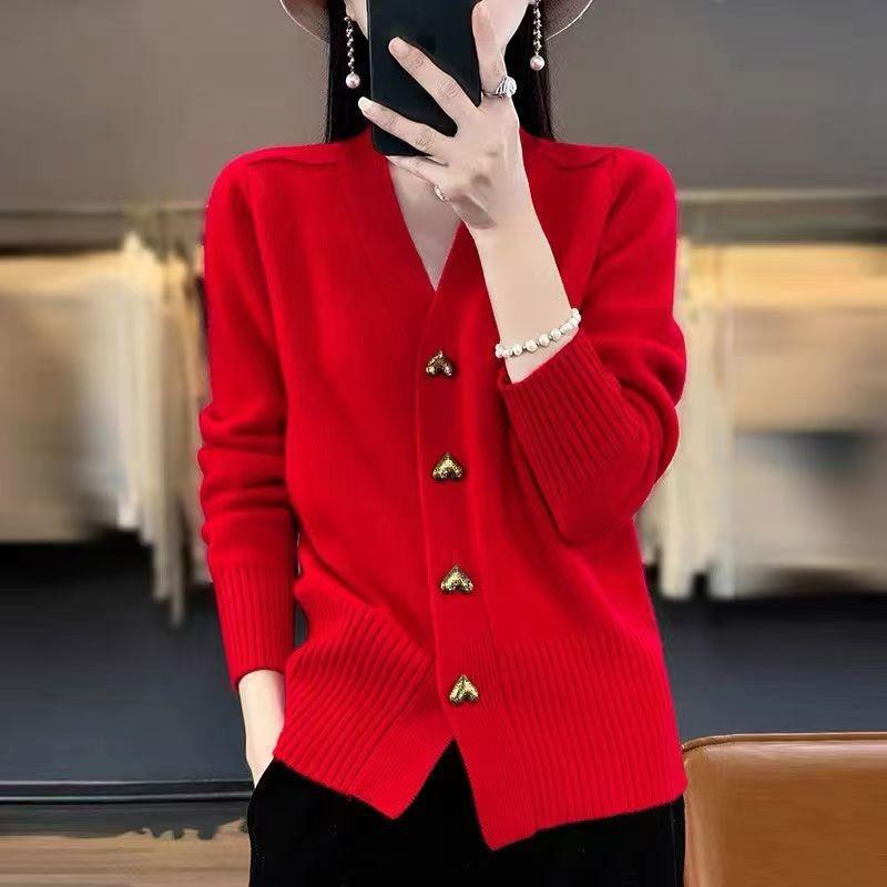 Women's clothing autumn and winter new solid color long-sleeved V-neck knitted cardigan love solid color sweater jacket women
