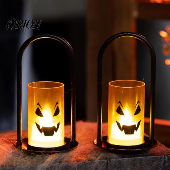LED Pumpkin Lamp Halloween Ghost Face Candle Light, Battery Powered Lamp, Decorative Light Detachable Handle for Home Party Decor Portable Iron
