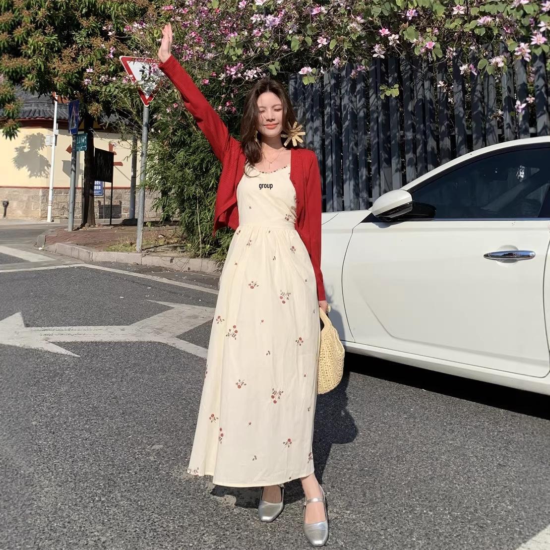 Elegant Apricot Embroidered Floral Maxi Dress & Cardigan Set for Women - Spring/Summer Collection XL