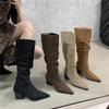2025 autumn and winter new European and American fashion pointed thick heel pleated piled boots autumn and winter velvet high boots knight boots