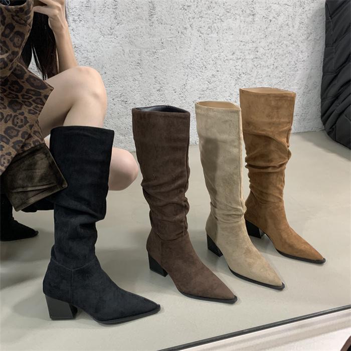 2025 autumn and winter new European and American fashion pointed thick heel pleated piled boots autumn and winter velvet high boots knight boots