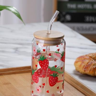 Kawaii Erdbeere Plastikbecher Mit Deckel Und Strohhalm Trinkbecher Eis Heiß Kaffeegläser Niedlicher Tumbler-Becher für Küchengeschirr Saftbecher