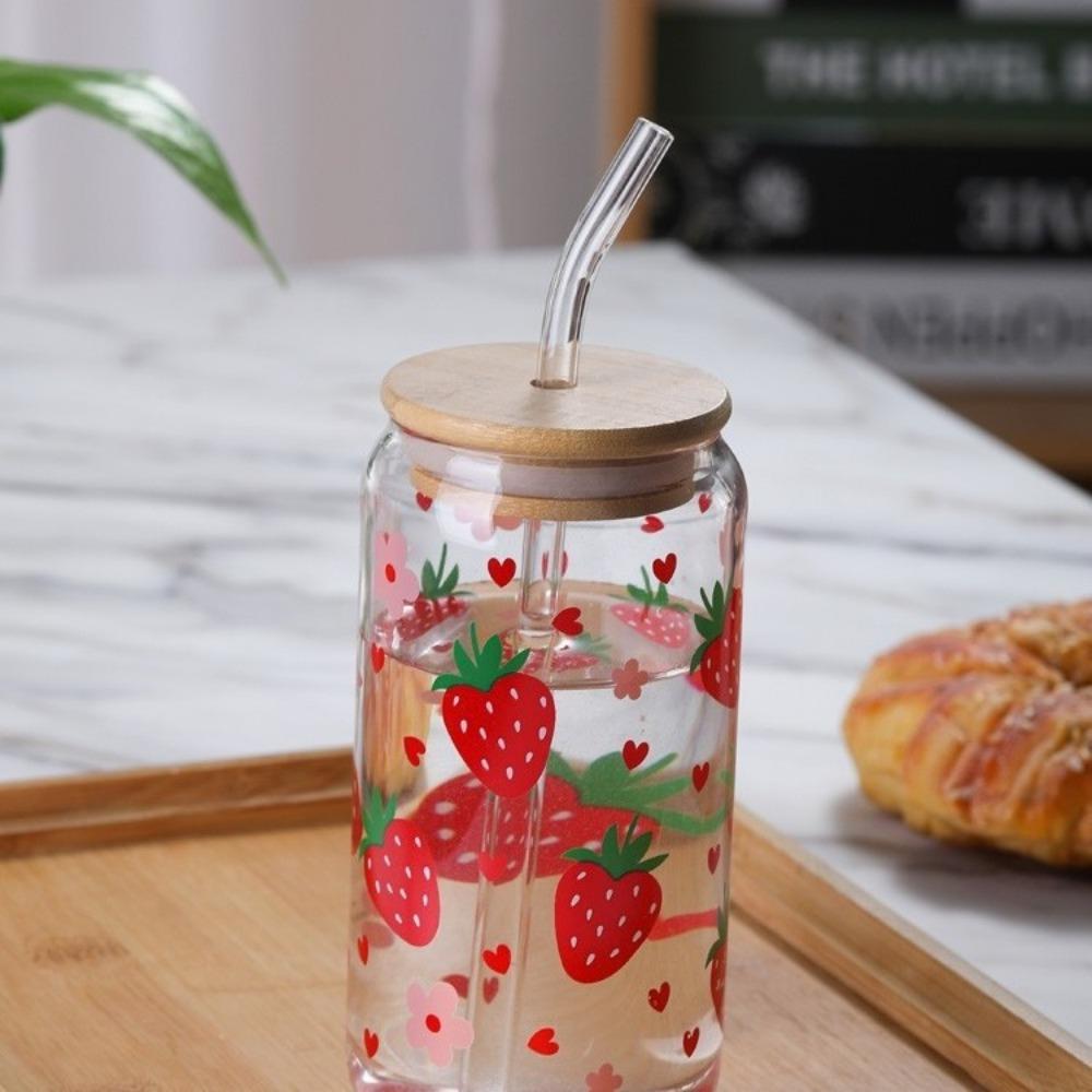 Kawaii Strawberry Plastic Cup With Lid And Straw Drinking Cup Iced Hot Coffee Glasses Cute Tumbler Cup for Kitchenware Juice Cup