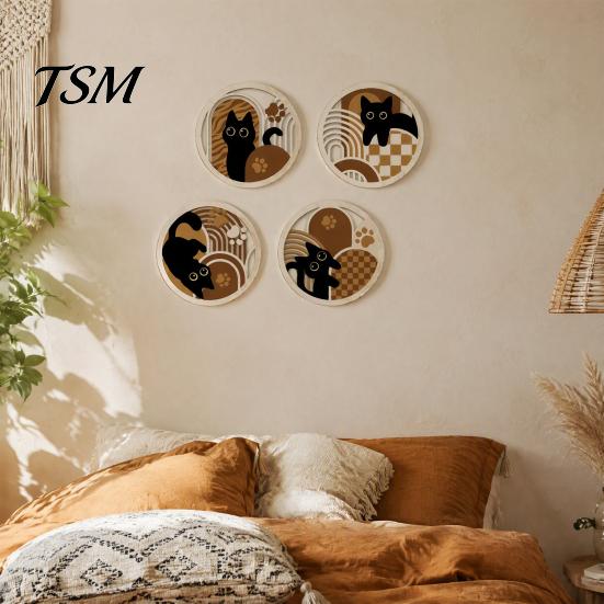 Black Cat Silhouette Wall Hanging 4Pcs Wooden Decor, 2D Flat Geometric Hollow Art Prints Solid Wood Decorative Panels Art, Modern Minimalist Signs for