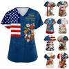 Top de trabajo para mujer con estampado del Día de la Independencia, manga corta, cuello en V y bolsillo