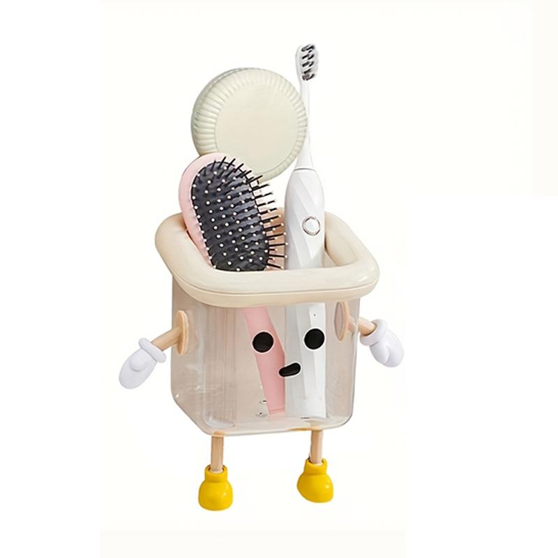 1ks Kreslený držák na zubní kartáčky do koupelny, Nástěnný úložný box se silnou přísavkou bez vrtání, Roztomilý plastový organizér pro domácí dekoraci