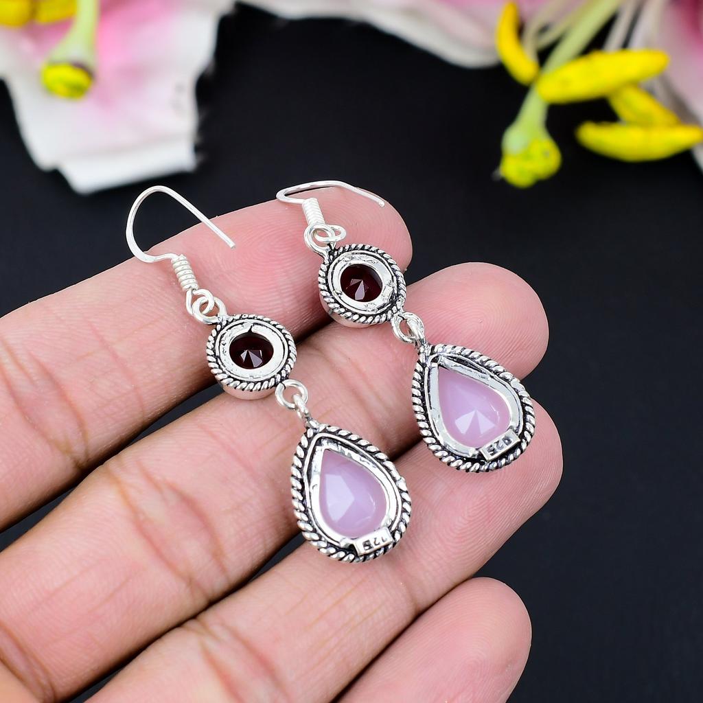 Pink Chalcedony, Garnet Gemstone Handmade 925 Sterling Silver Earring 2.56" KG-417