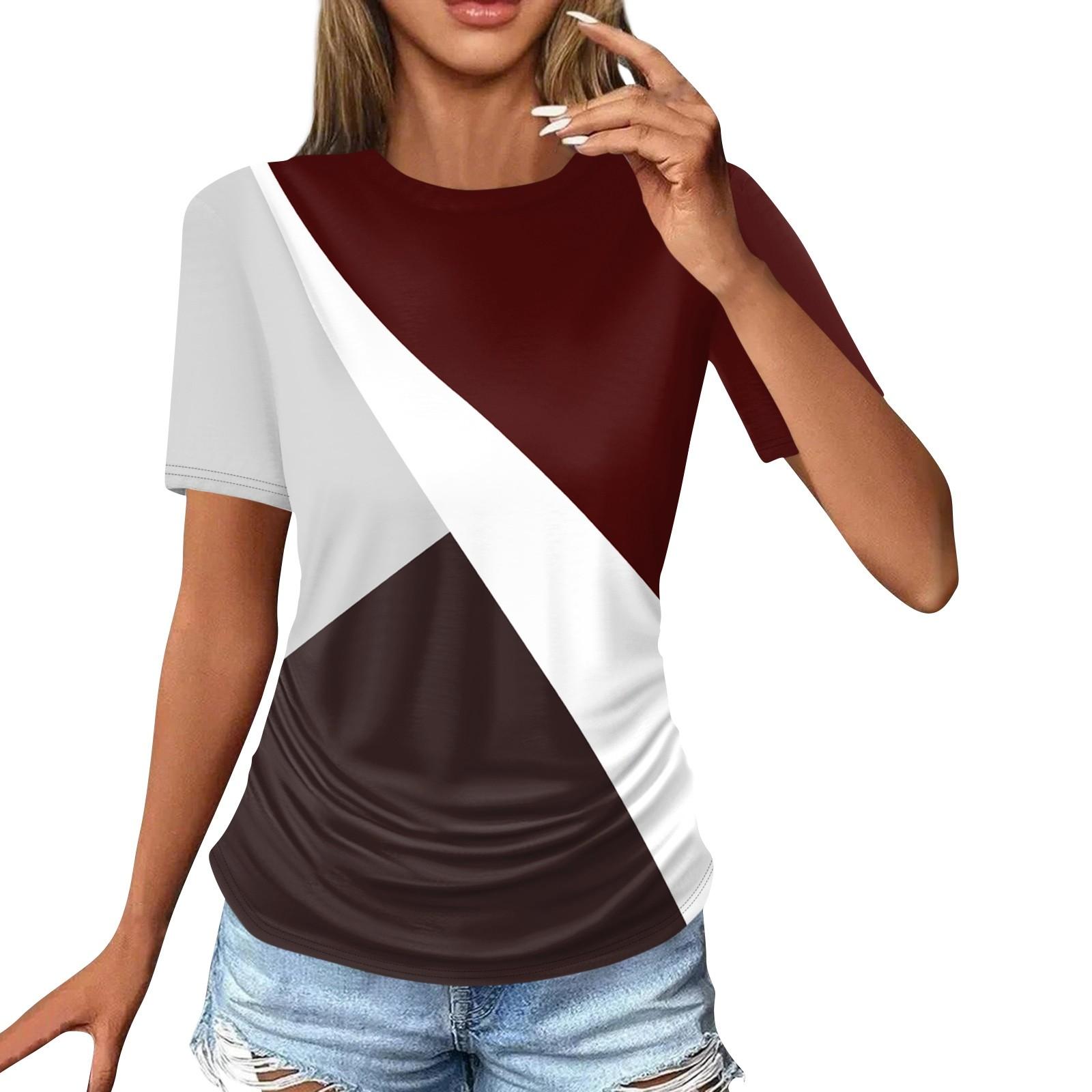 

Женские футболки, модные повседневные топы с круглым вырезом и коротким рукавом, туника с принтом XL винный