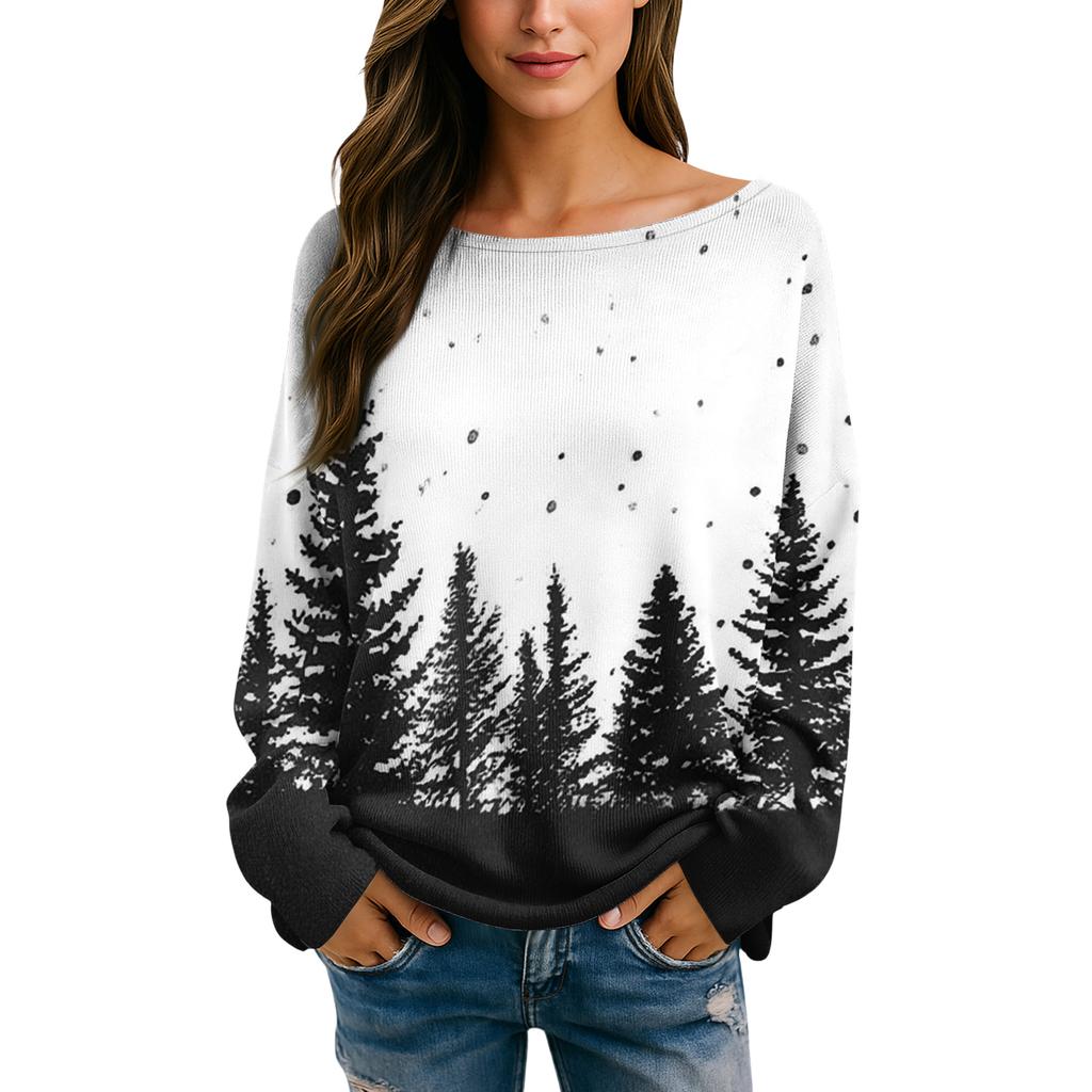 Damen Herbstpullover Langarm Druck Tops Pullover Locker Schick Lässig Basic Kleidung