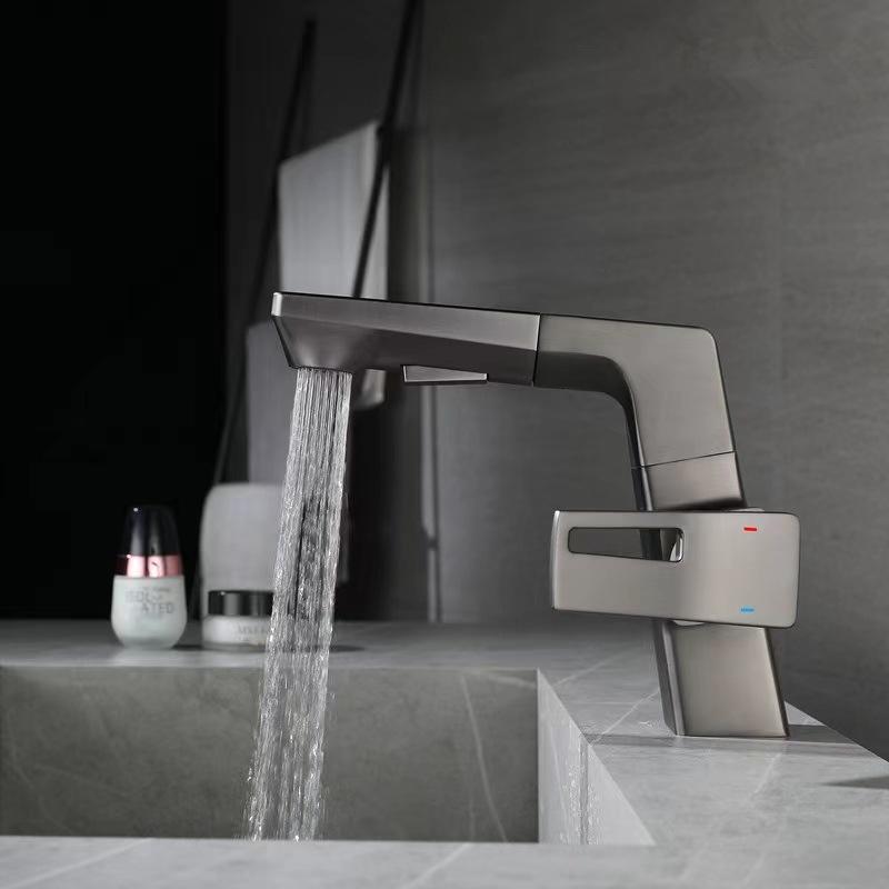 Bathroom Pull-out Basin Faucet 360 Rotation Single Hole Single Handle Hot And Cold Mixed Water Faucet Grey Sink Tap