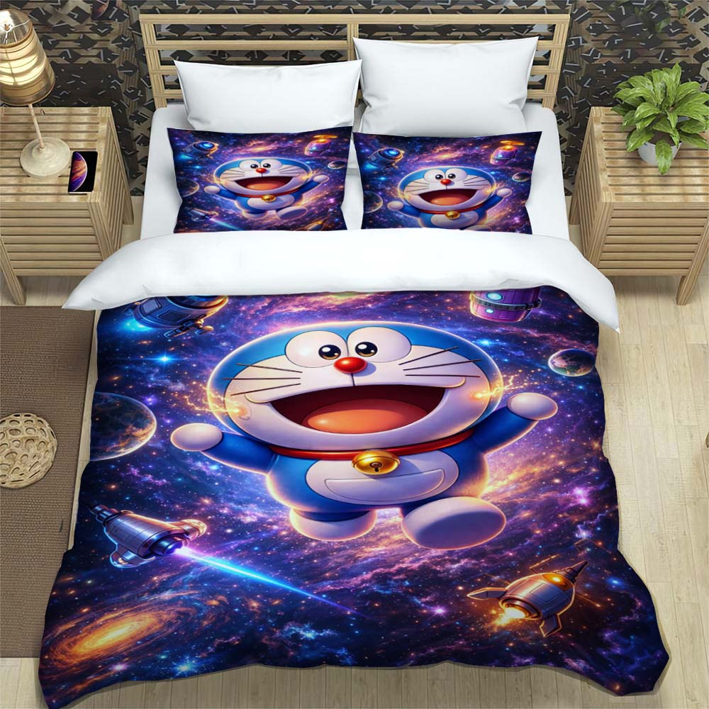 Doraemon Anime Serie Bettwäsche-Set, Inklusive Bettbezug und Kissenbezügen, 3-teiliges Set; Schlafzimmerdekoration kann individuell gestaltet werden.