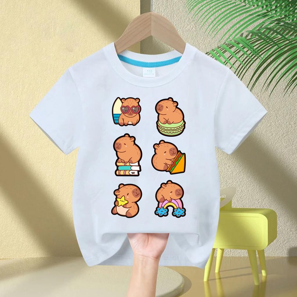 Top Casual de Manga Curta Infantil para o Verão Moda Meninos e Meninas Aniversário Fofo Capivara Camiseta Infantil com Estampa de Balão de Bolha de Coração