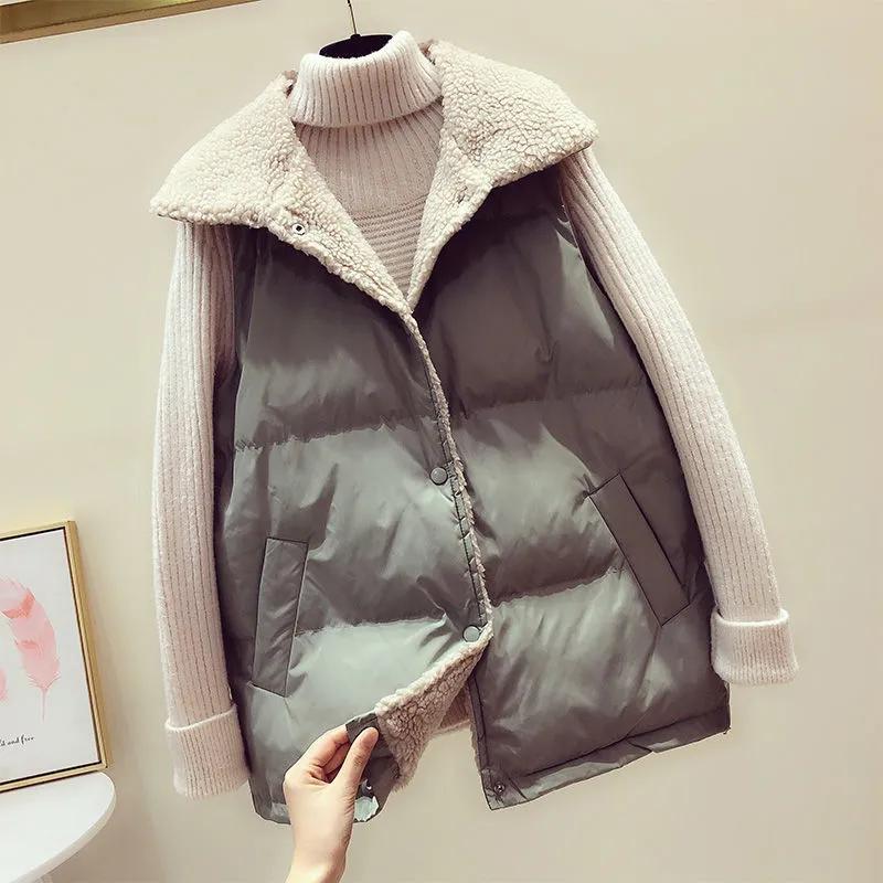 

Lamb Plush Vest Women s Short Autumn and Winter Fashion Waistcoat Loose All-match Down Cotton Waistcoat Jacket XS зелёный