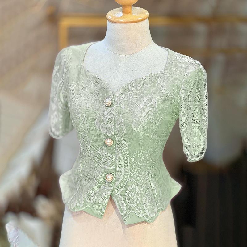 

ZANZEA Женская летняя блузка с квадратным вырезом, короткими рукавами, пэчворком и кружевом L светло-зеленый