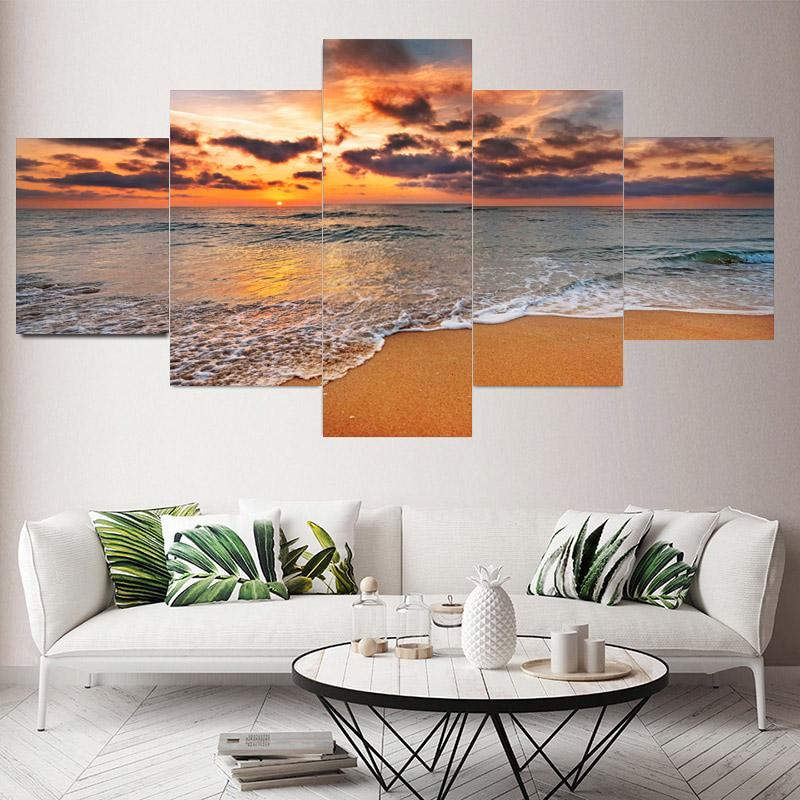 5 Pieces Natural Blue Beach Sunset Landscape Canvas Painting Seascape Posters And Prints Wall Art Pictures Home Decor No Frame