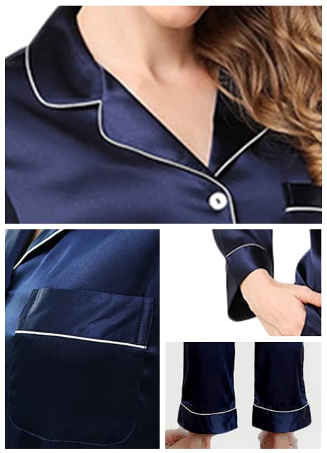 NANJUN Long Sleeves and Pants Lightweight Summer Women's Pajamas, Set, Open-Front, Satin, Loungewear, Nightwear, Spring, Autumn, (sy001navy-xl0)
