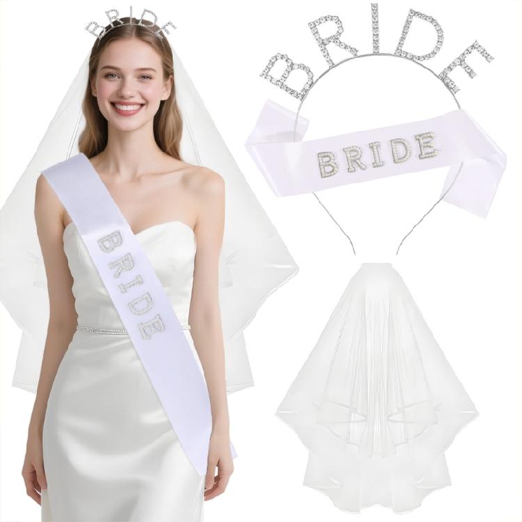 Wedding Day Set Rhinestones Hair Ornament Bridal Veil With Adjustable Shoulder Fasteners