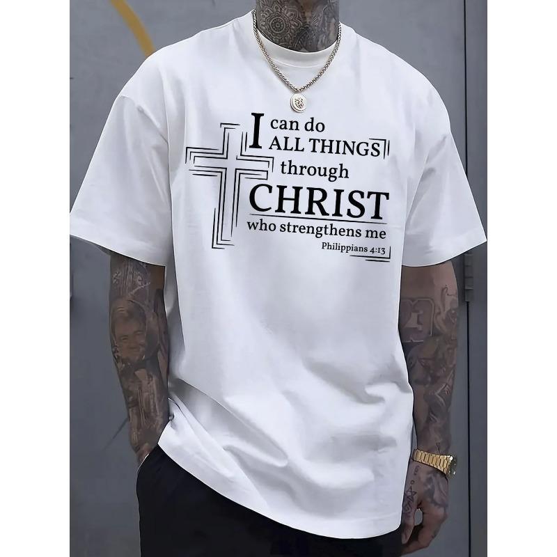 

European sizes ,Christ Gives Me Strength Printed Men s Casual Round Neck T-shirt, Loose Fit, Comfortable and Breathable, Summer Fashion Trend 4XL білий