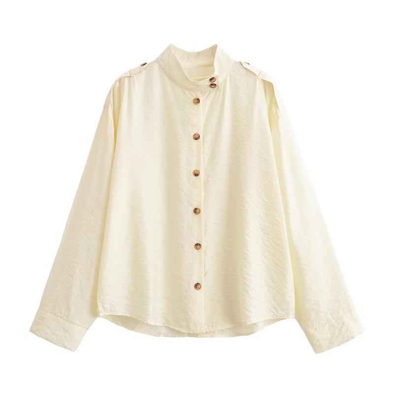 Womens Loose Fit Stand Collar Shirt 2026 Casual Long Sleeve Top Pure Color High Stretch