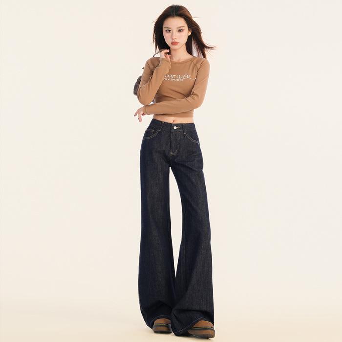 Women s 2024 Autumn Retro Dark Blue Denim Low-Waist Wide-Leg Jeans Small