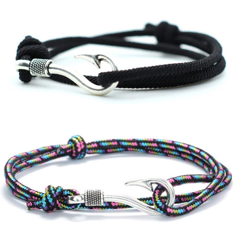 Neues Mode-Seilarmband Herren Silberfarbe Angelhaken Armband Zweilagig Schiebbar Verstellbar Nautisches Wickelband Armband Pulseria Homme