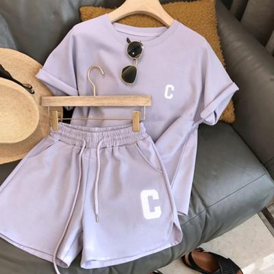 2 pezzi/set tuta da donna o collo lettera stampa colore manica corta t-shirt coulisse vita elastica allentata