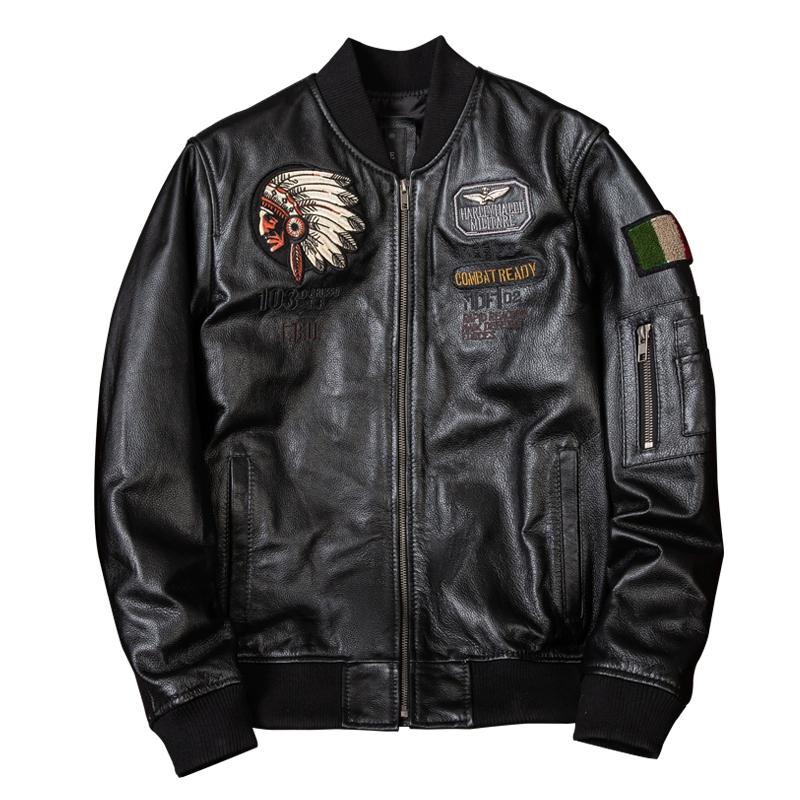 Genuine Leather Baseball Jacket Mens Indian Style Biker Coat Autumn Outerwear Large Size Pure Cowhide