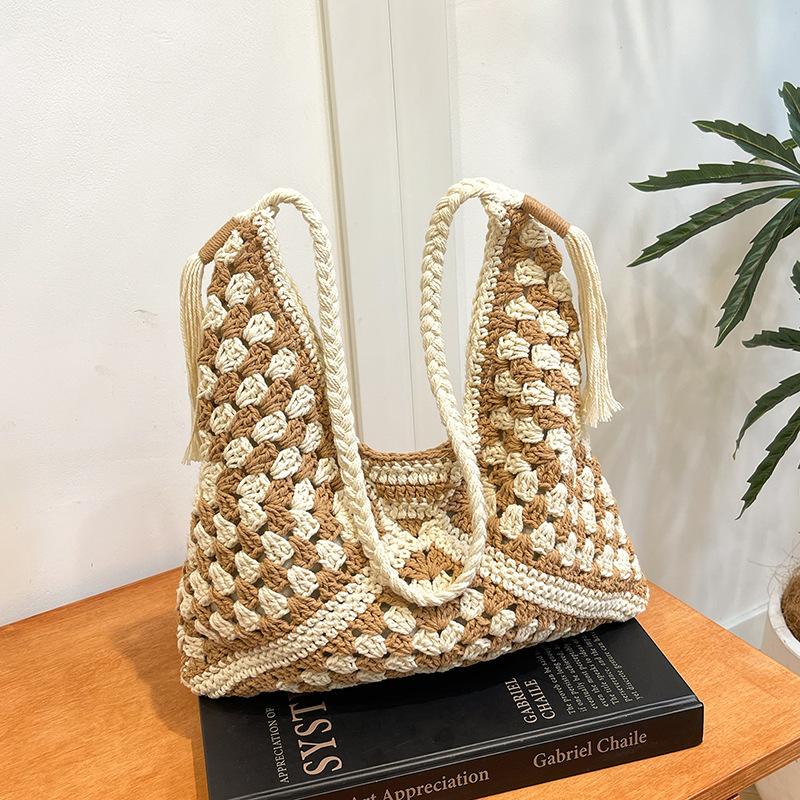 New literary and artistic fan crochet bag fashion seaside vacation beach bag shoulder underarm bag women's bag