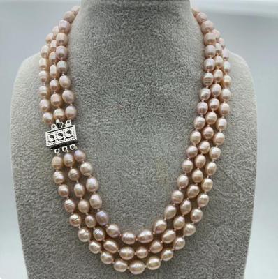 Fashionable Natural Beige Pink Purple Three Row Pearl Necklace