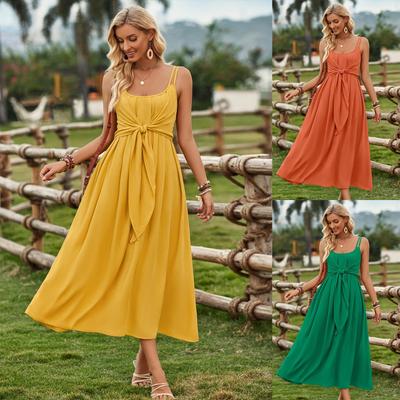 Femei de primăvară, culoare uni, decolteu în formă de U, fără mâneci, rochie camisole, fără bretele, ocazională de vară, cu cravată cu talie înaltă, rochii lungi S-XL