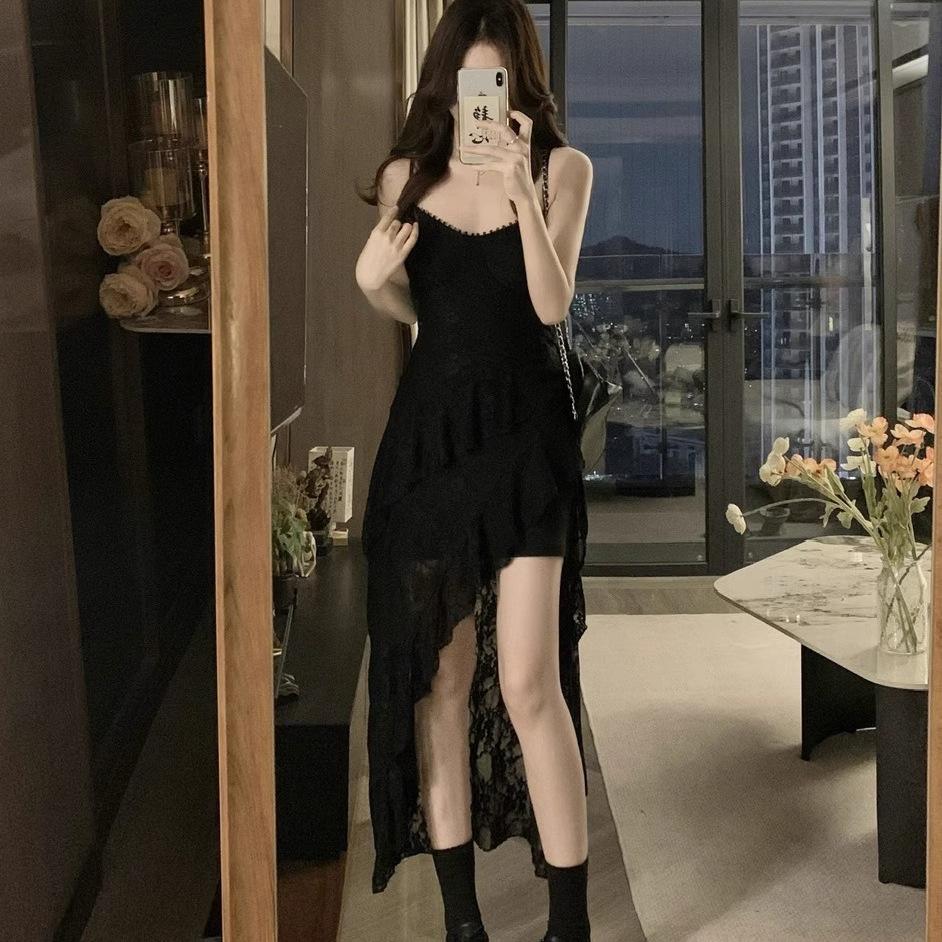 Large Size Hepburn Style Lace Dress Women's Summer Irregular Split Suspender Skirt Fat MM Belly Covering Thin Skirt