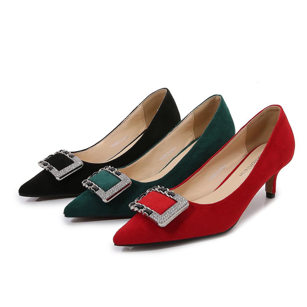 Temperament rhinestone square buckle professional single shoes pointed head light mouth stiletto black high heels female Melnis