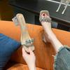 Daily casual fashion high sense transparent word with medium heel thick heel crystal sandals rhinestone slippers women