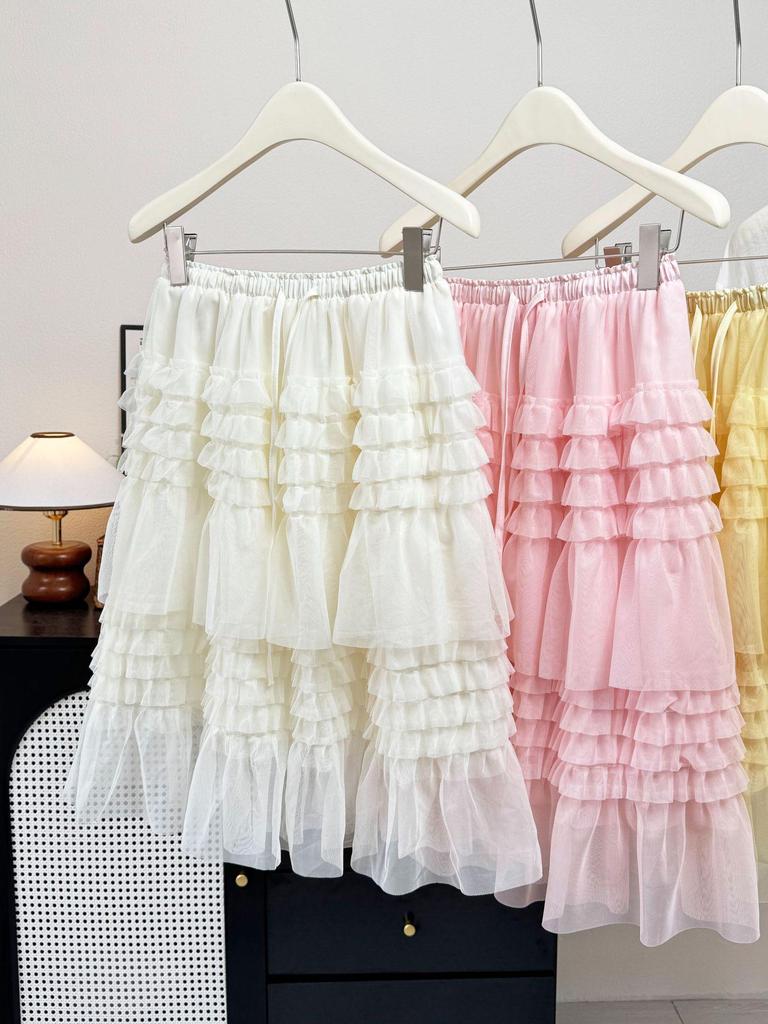 Korean Style Ruffle Mesh Layered Skirt - Women's Puffy Mid Skirt for Spring/Summer