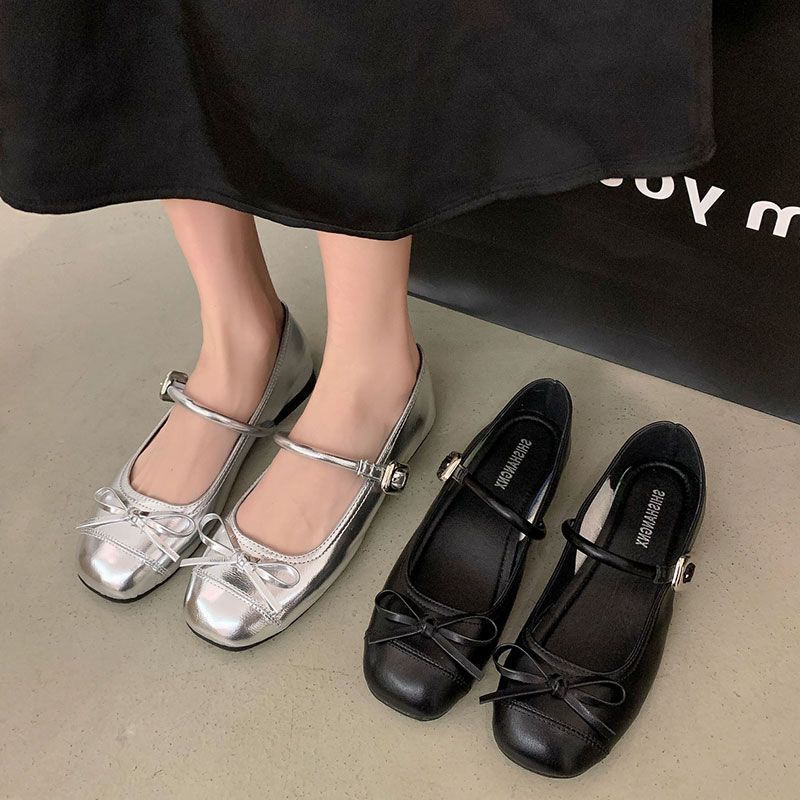Silver lätt mun balett platt-sulade enkla skor dam nya sommar kjol fransk rund tå Mary Jane skor