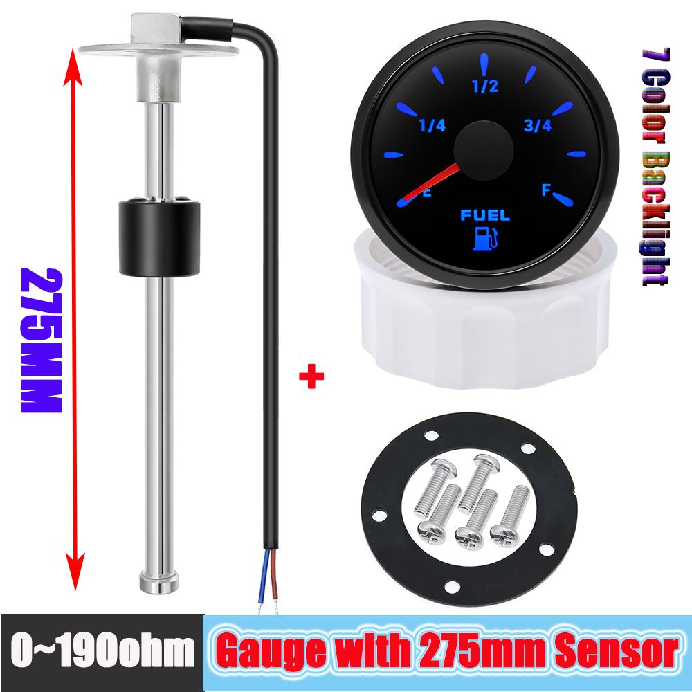 Car FUEL Gauges Instruments+A5 Fuel Float Sensor 0-190 Ohm 7 Color LED Water Tank Level 52MM Waterproof for Boat Marine 12V 24V