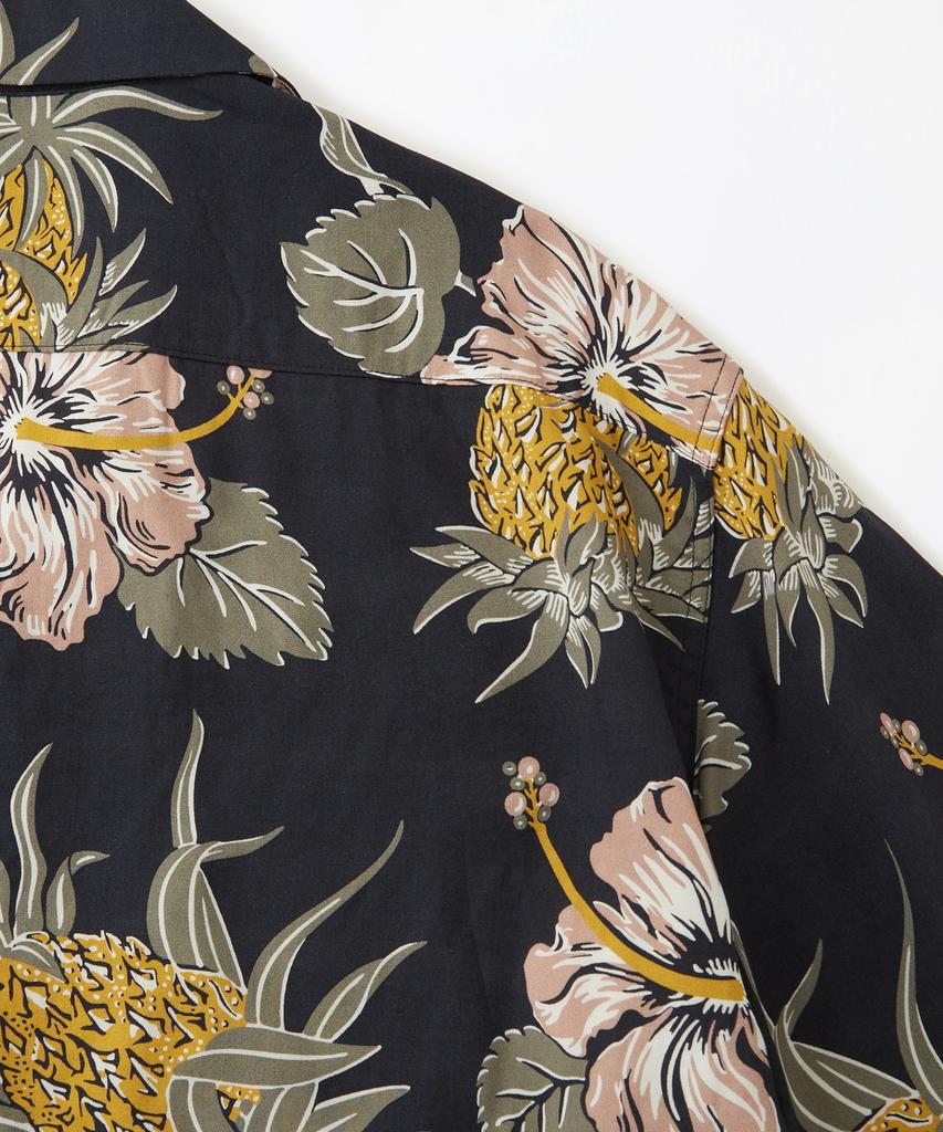OUTSTANDING Hawaiian Open Collar Half Shirt Hibiscus_Black