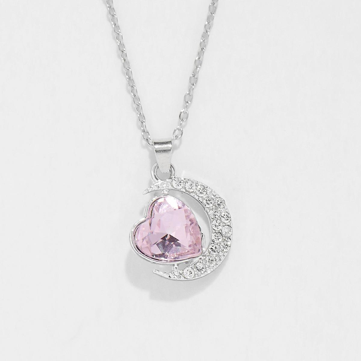 Mori Girl Purple Crystal Love Moon Pendant Crystal Pink Bow Necklace Pink Bow Necklace