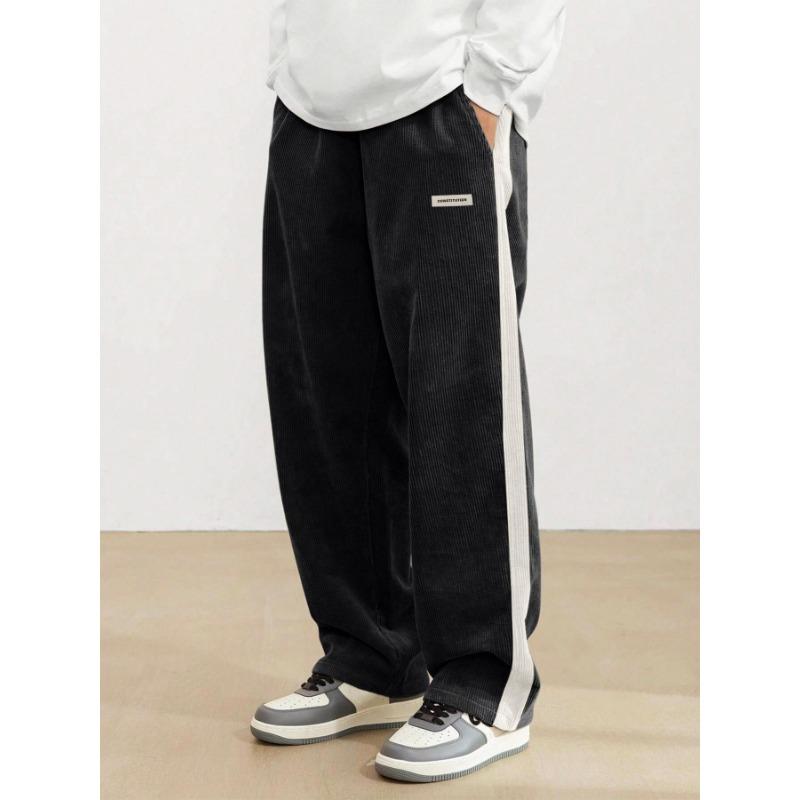 

Corduroy Striped High Street Pants Men s Trend Sweatpants Loose Straight Casual Pants S чёрный