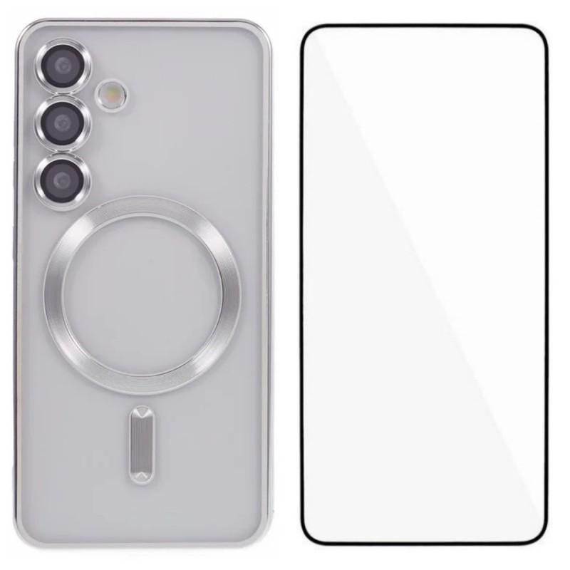 

For Samsung Galaxy S25 Magnetic Case WANLONFENG Full Protection Electroplated TPU Cover with Tempered Glass Silver
