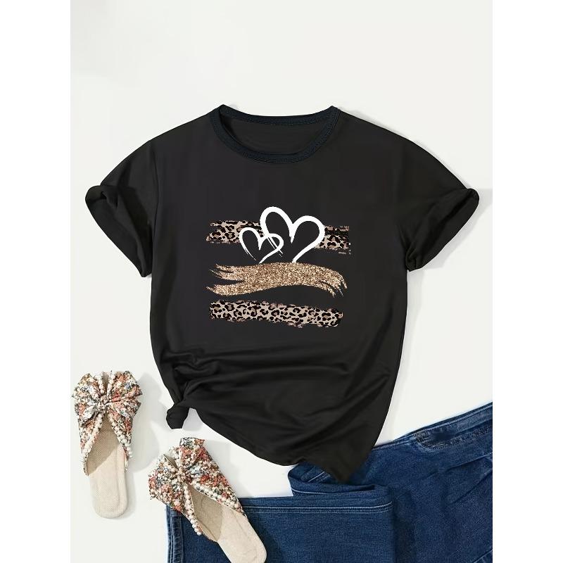 T-shirt damski w dużych rozmiarach z nadrukiem serca, Casualowy T-shirt z krótkim rękawem i okrągłym dekoltem, Odzież damska w dużych rozmiarach, Rozmiar europejski