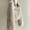 Giacca da Donna Corta in Pelle PU con Design Colletto in Pelliccia Sintetica di Volpe a Maniche Lunghe Giacca da Strada Top Casual Caldo Pelliccia Outwear