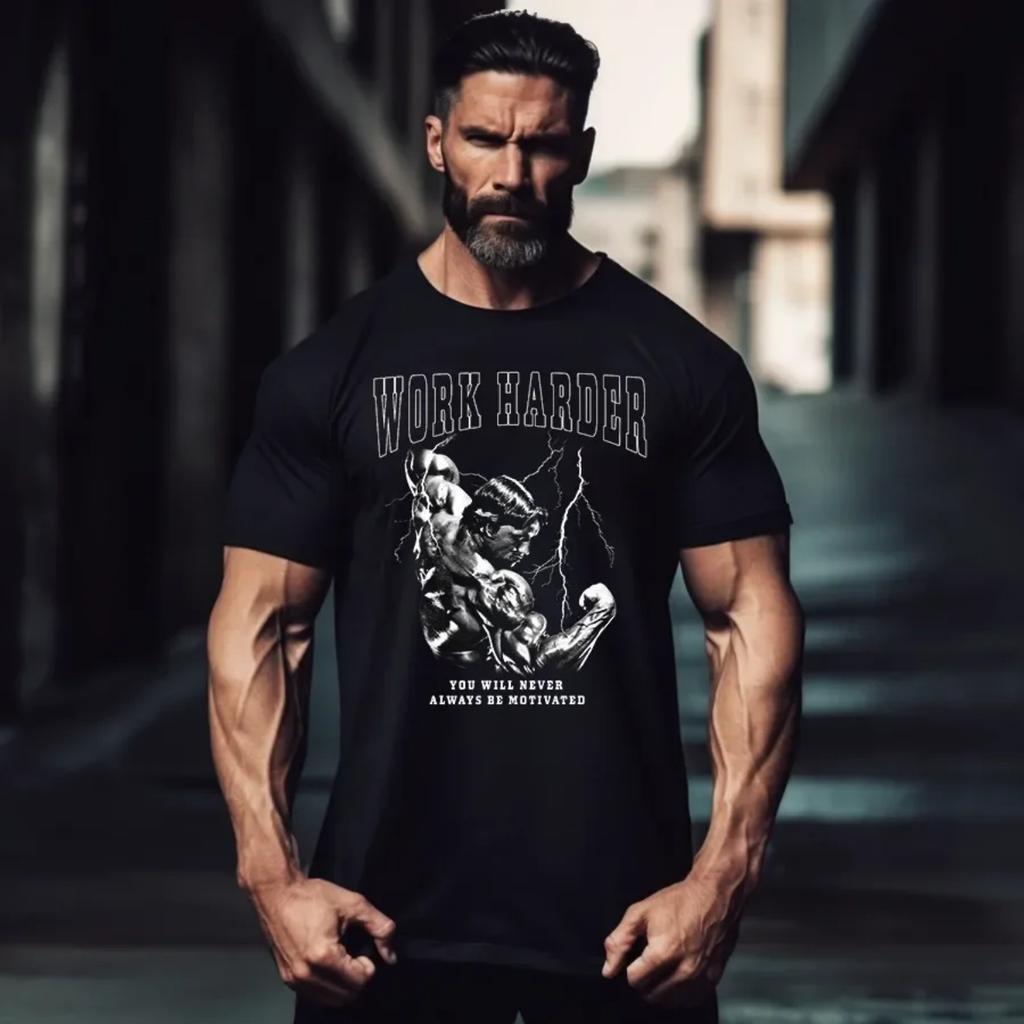 Muscle Graphic Pure Cotton TShirt Athletic Streetwear Style Mens Fitness Workout Black Tee