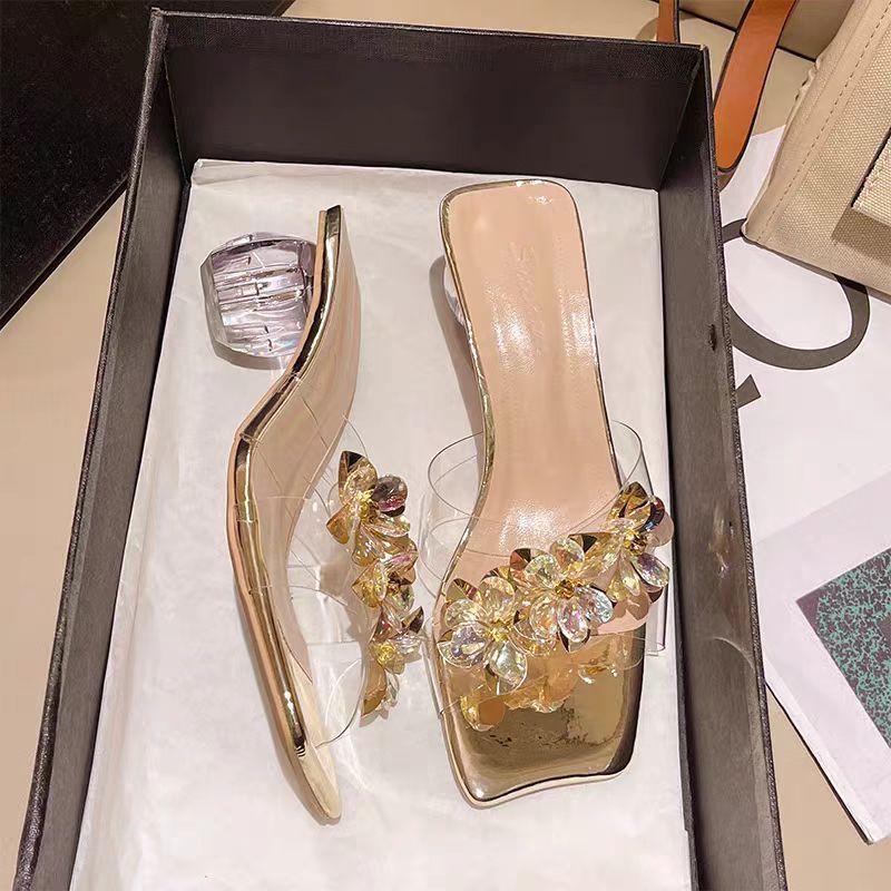 Middle Heel Square Head 2025 Summer New Rhinestone Korean Version Fashion Thick Bottom Casual Transparent Belt Women's Foot Cool Slippers