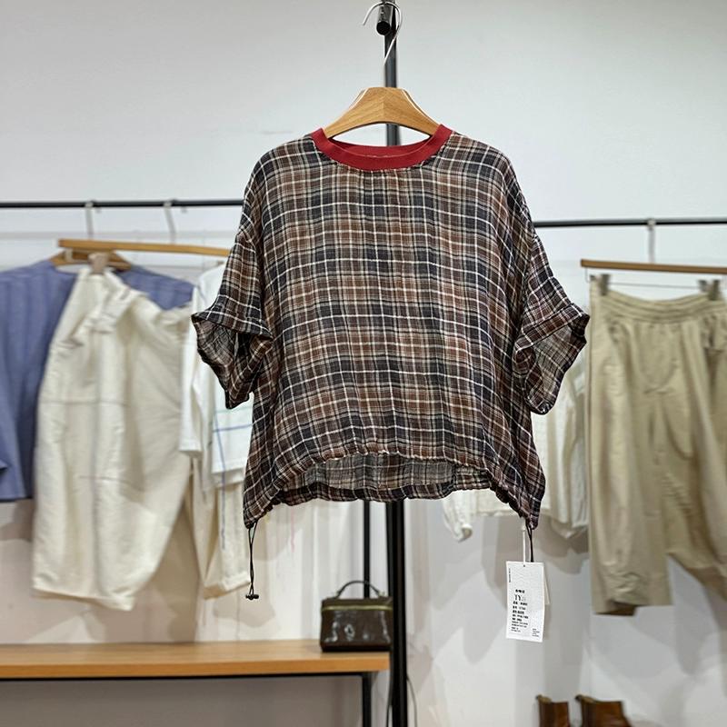 Dimanaf 2025 Summer Linen T-shirt Women Spliced Plaid Printing Short Sleeve Loose Red T-shirt