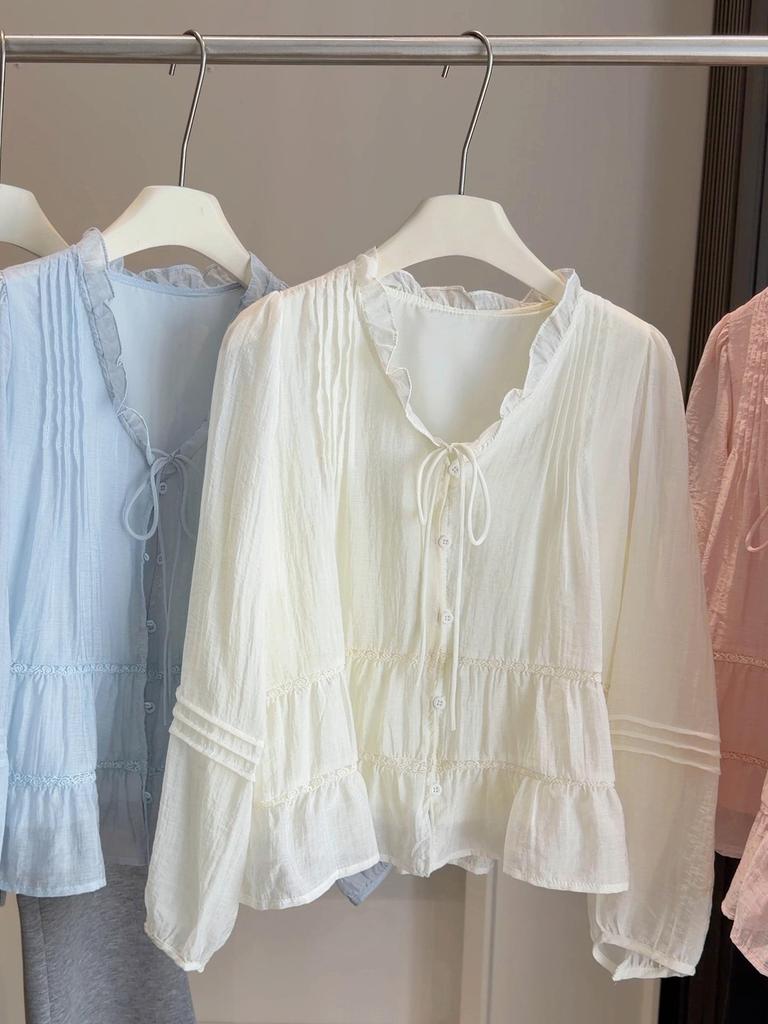 2026 Spring/Summer Women's French V-Neck Ruffle Tie-Up Loose Lantern Sleeve Shirt